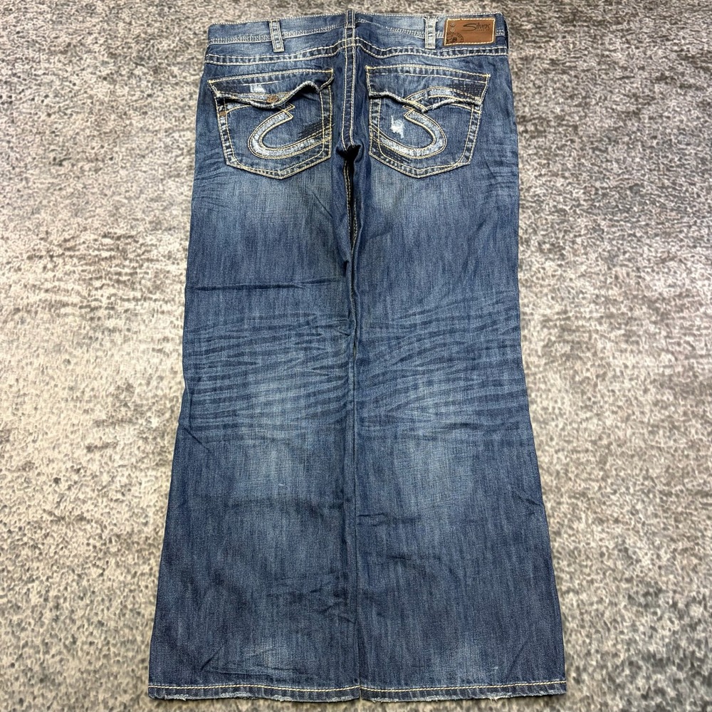Silver Jeans Zac Flap 38x30 Blue Relaxed Fit Straight Leg Embroidered Pockets